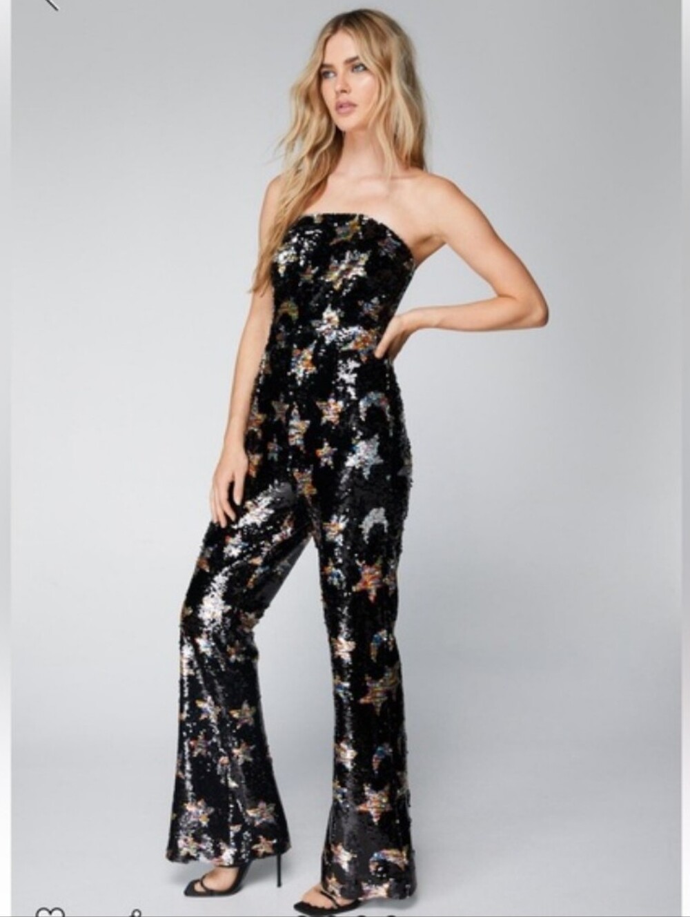 Nasty Gal Black Strapless Sequin Star Moon Flare Jumpsuit US SIZE 12